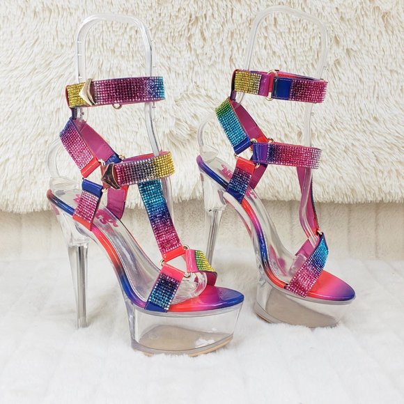 Bulls Rainbow Rhinestone Harness Strap Clear Platform Heels - Picture 11 of 16